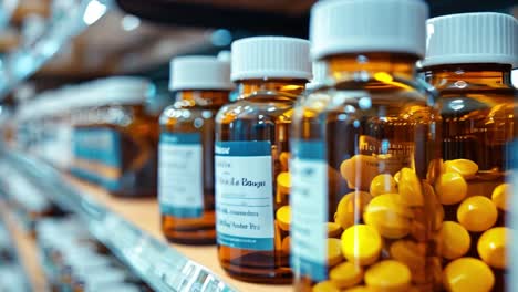 bottles of pills and medicine on pharmacy shelves