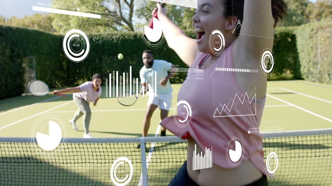 Opponents returning, net player lunging, swinging and returning, HUD data overlaying sports stats