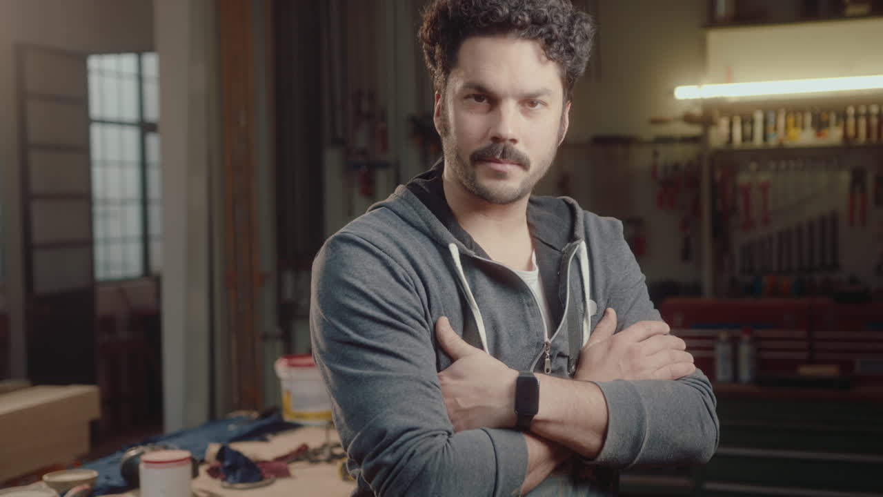 Portrait of Young Woodworker in Carpentry Workshop