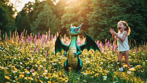 happy girl playing with a dragon in a meadow