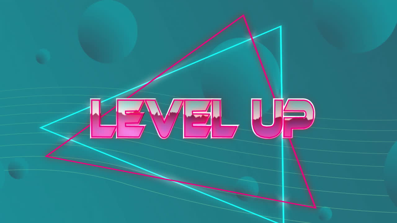 Animation of level up text in pink metallic letters over blue spheres on blue background
