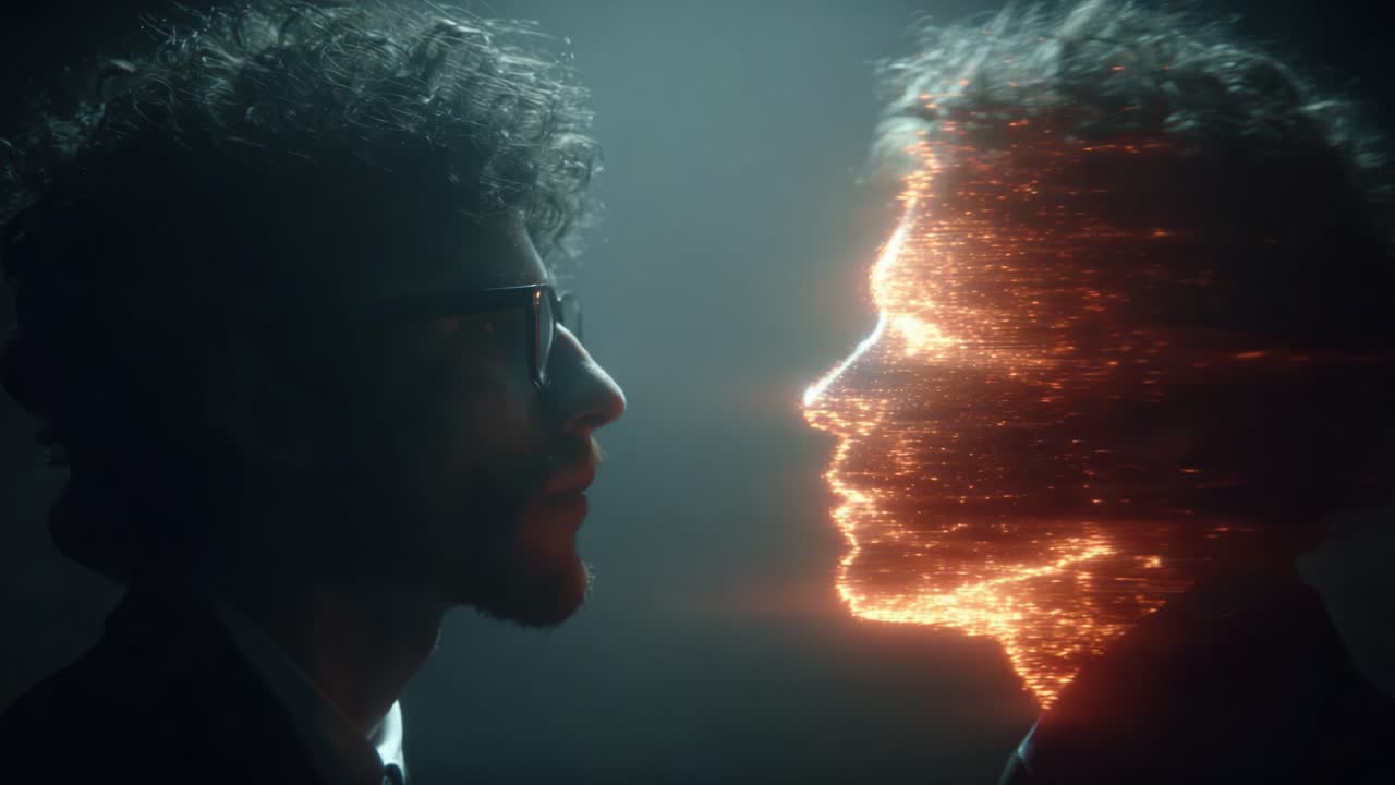 A Profound Connection: Two Figures Engaging in an Intimate Exchange Through Glowing Profiles Highlighting the Intersection of Humanity and Technology