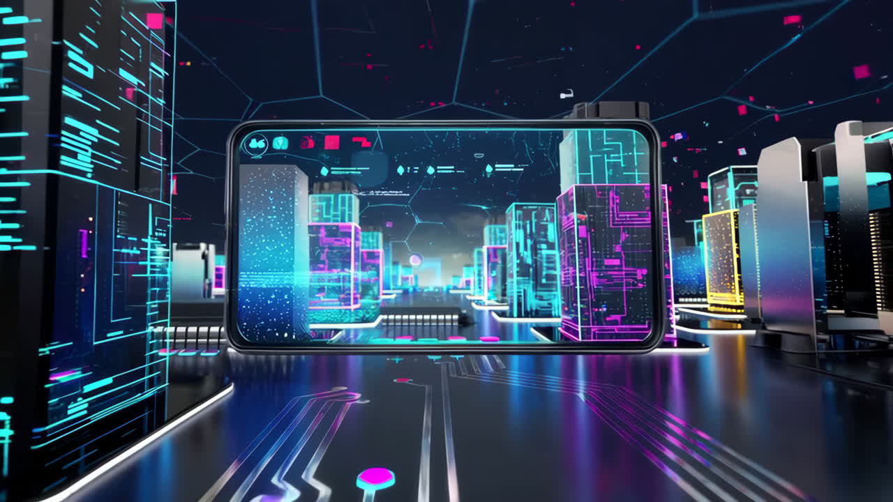 Futuristic Cityscape Through a Smartphone Display