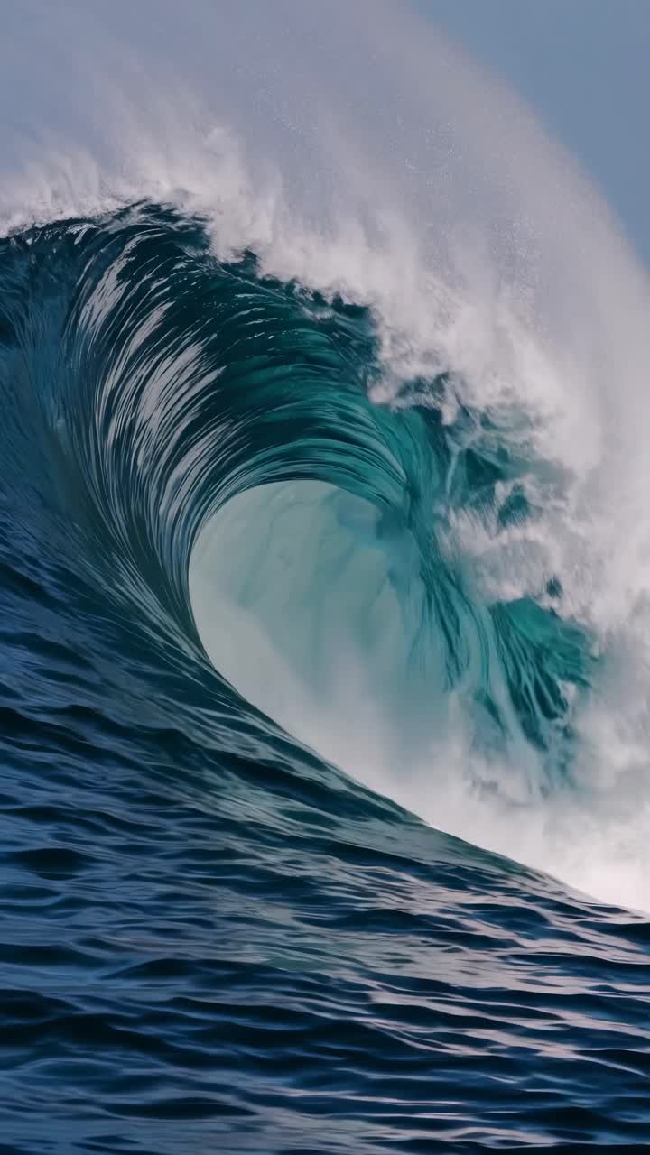 Dynamic video shot of a powerful ocean wave curling mid-break, captured from a low angle