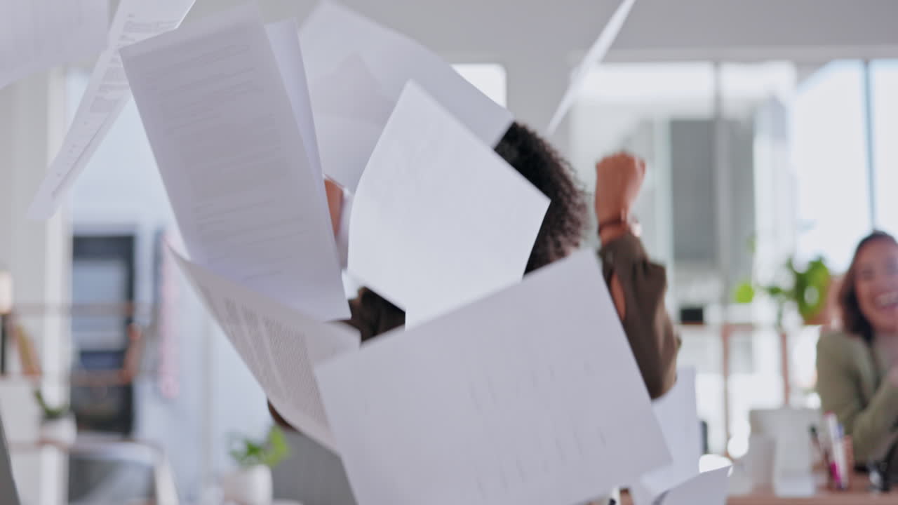 Happy, black woman in business and cheers