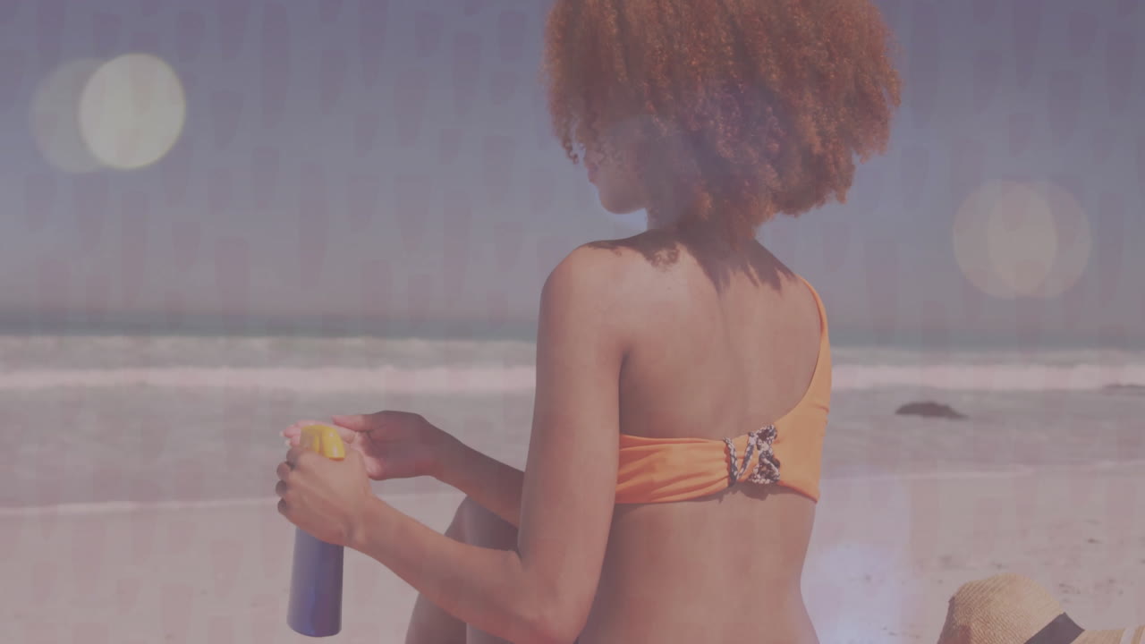 business executive analyzing data on beach, with animated bar chart hovering above palm