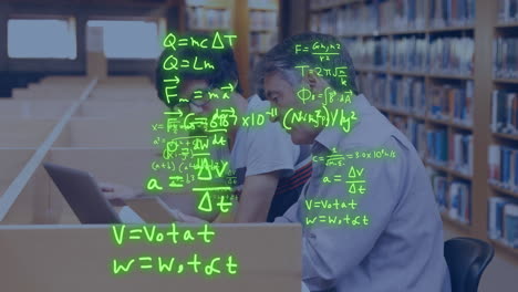 Animation-of-equations-over-caucasian-male-teacher-and-student-using-laptop-and-tablet-in-library