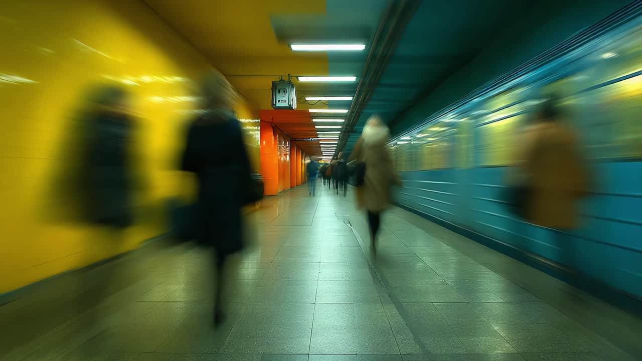 A Blur of Movement in an Urban Subway Station Depicting Commuters Hurrying Through a Colorful Passageway with Vibrant Walls and Distorted Motion Effects