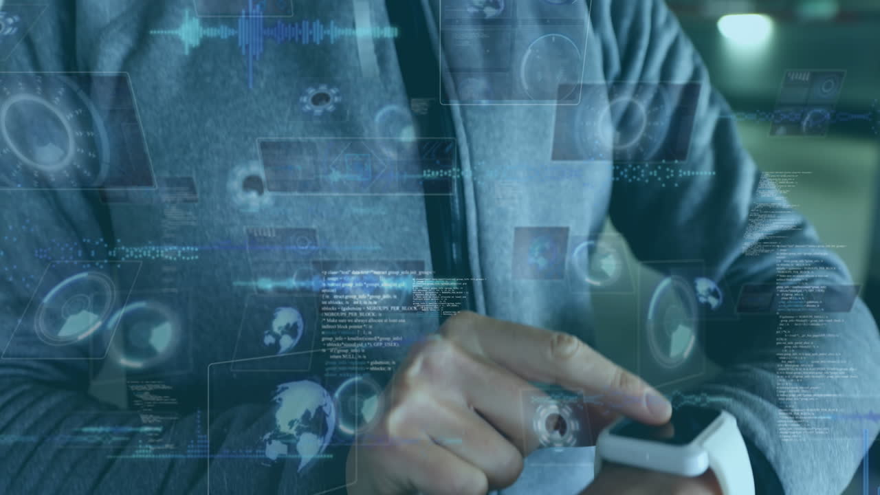 animación de radares y globos sobre una mujer caucásica sonriente desplazándose en un reloj inteligente