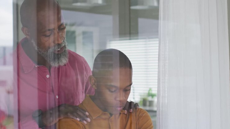 Video of african american father standing at window and comforting his offended son