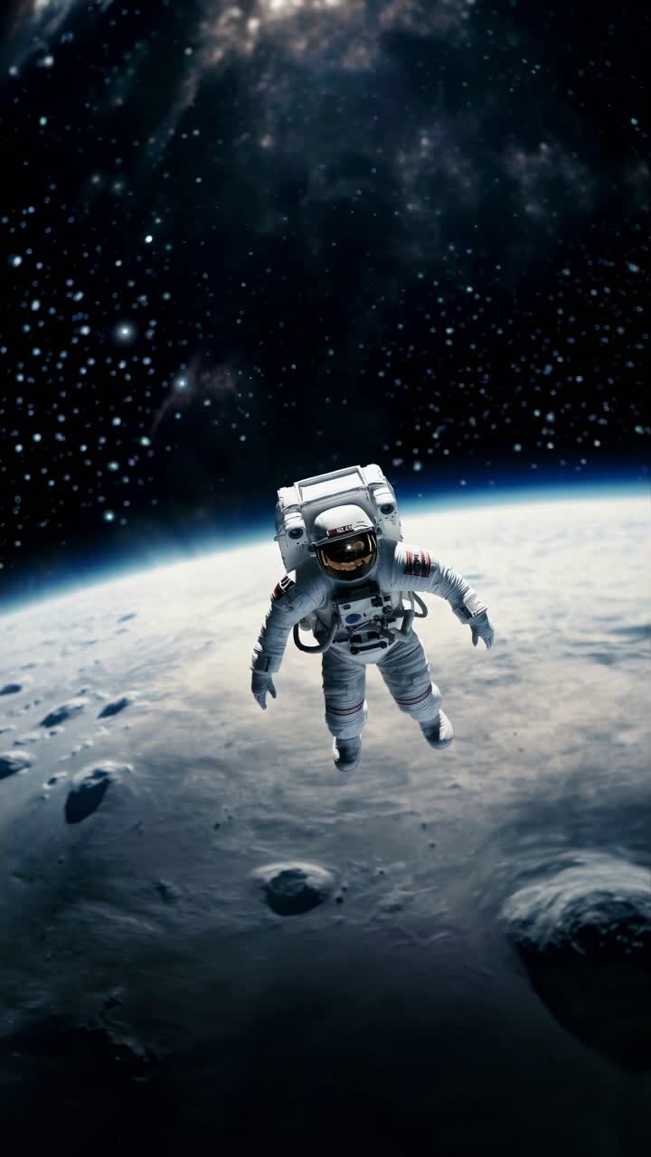 A lone astronaut floats in space above Earth, captured from a low-angle view, evoking a cinematic