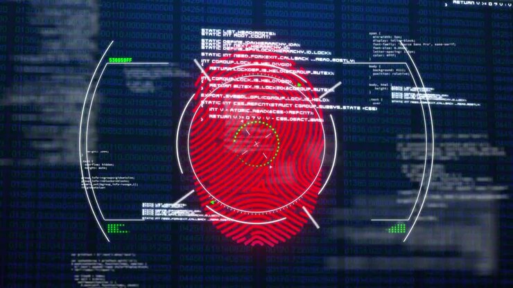 Scope scanning over biometric fingerprint scanner against data processing on blue background