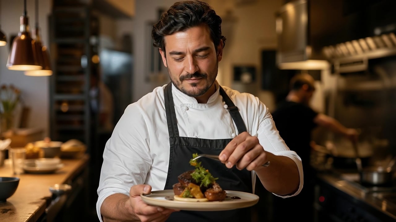 Chef uomo sorridente in uniforme bianca e grembiule nero che presenta un piatto di carne gourmet in una cucina.