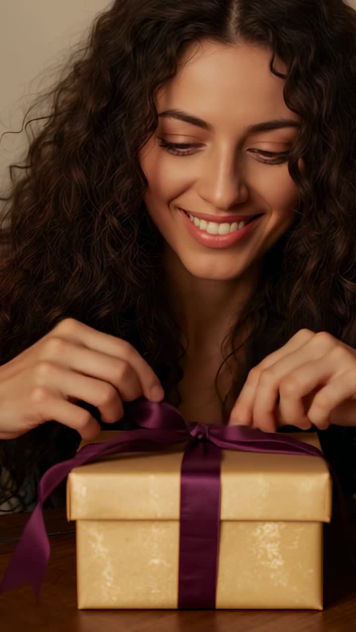 Video verticale: Notando una scatola regalo dorata, una donna con ricci scuri scioglie un fiocco viola su un tavolo per aprirla.