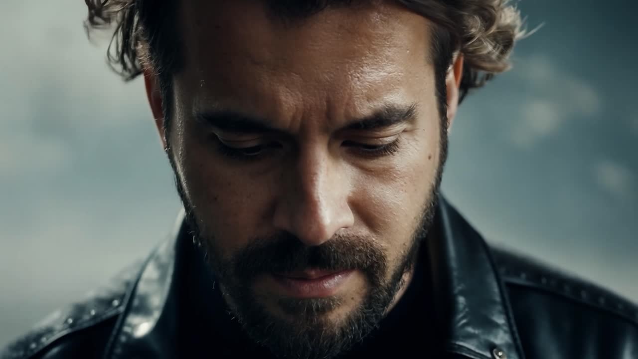 retrato en primer plano de un hombre con barba mirando hacia abajo con una expresión seria