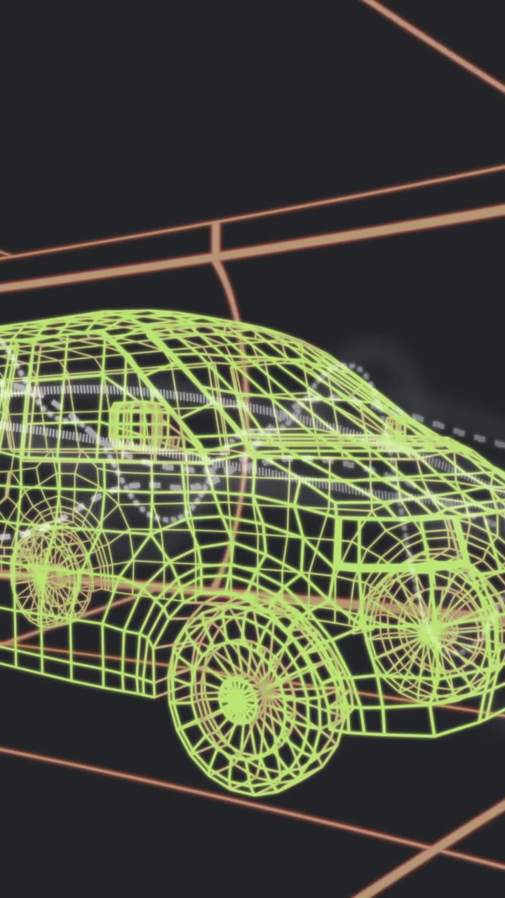 Animazione di grafici su un modello di furgone 3D che si muove con un motivo continuo in un tunnel su sfondo nero.