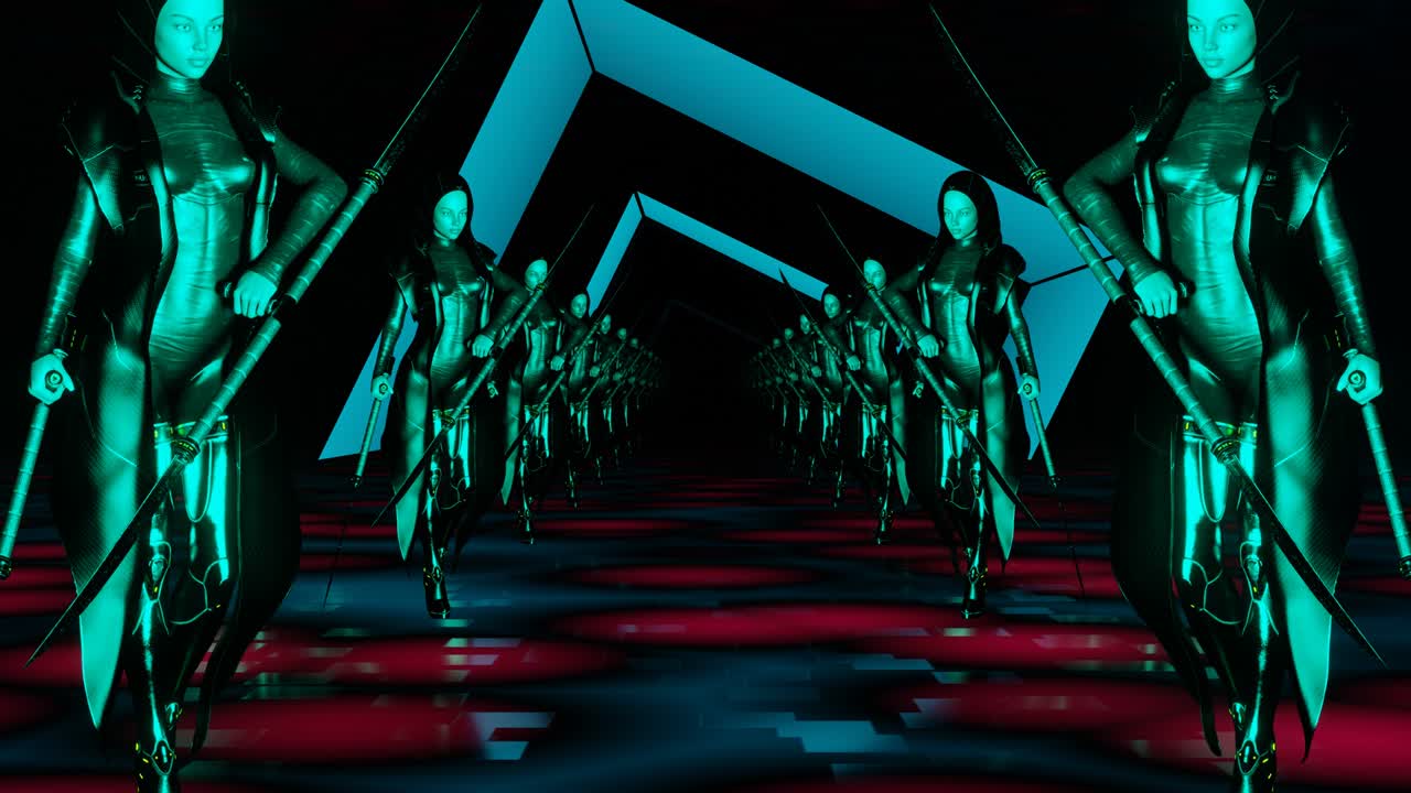 el túnel de bucle de vl de las chicas guerreras giratorias. renderizado en 3d