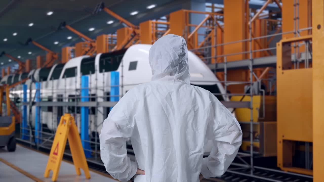 Vista di spalle di uno scienziato asiatico con le mani sui fianchi che si guarda intorno, ingegneri della manutenzione dei treni in un deposito.