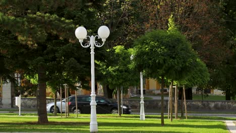 Farolas-Rústicas-En-Un-Pequeño-Pueblo-De-Europa-Y-Tráfico-En-El-Fondo