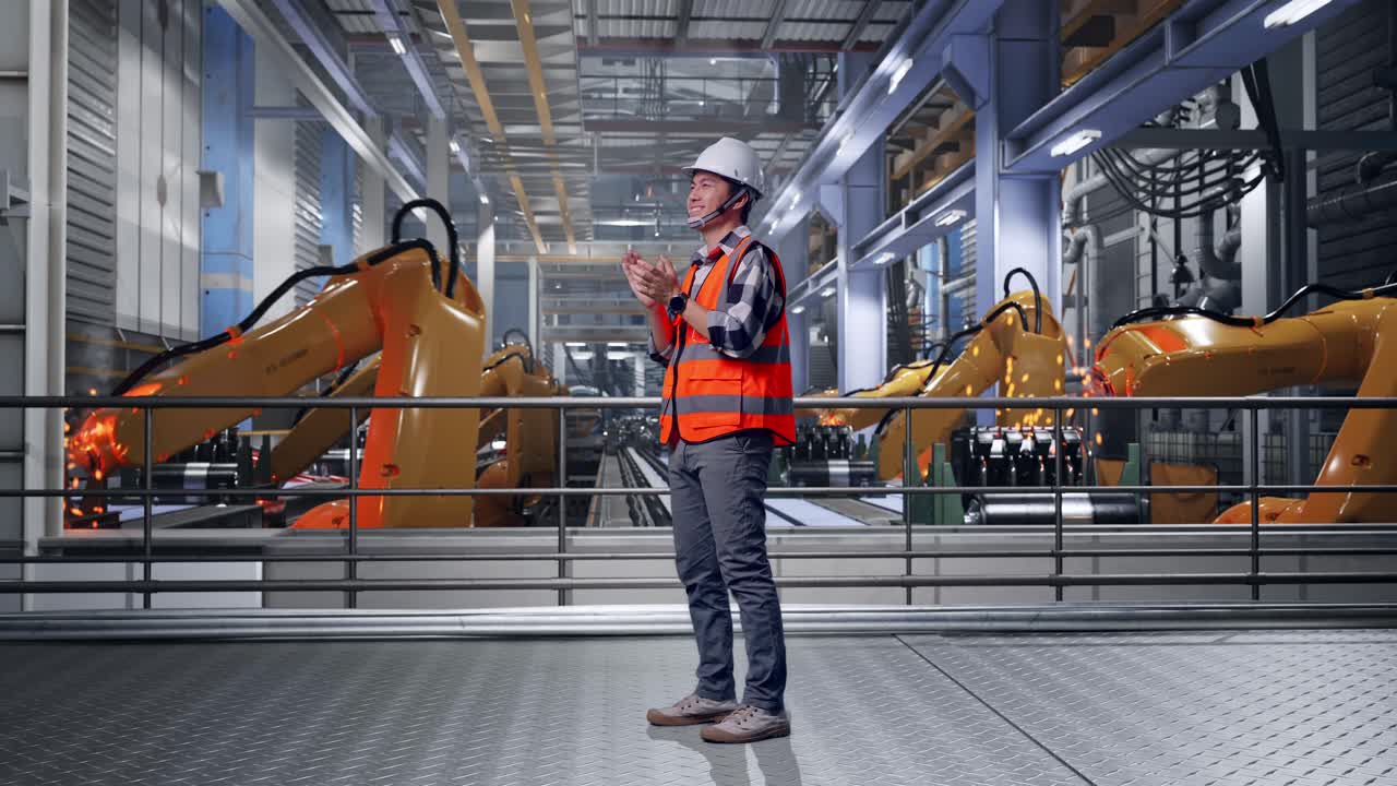 Full Body Side View Of Asian Male Engineer With Safety Helmet Smiling ...