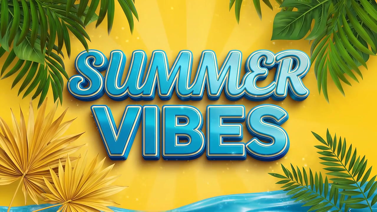 Animación de Vibras de Verano y Estilo Tropical con Tipografía 3D Azul y Hojas de Palma sobre Fondo Amarillo