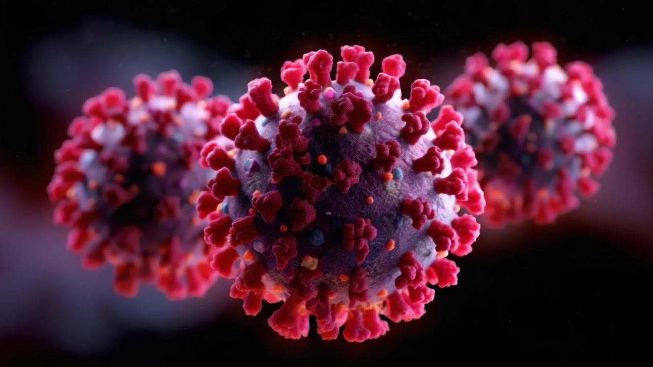 Microscopic Visualization of Viral Particles: Detailed Representation of the Structure and Surface Features of a Virus in Vibrant Colors and Intricate Details