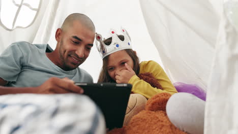 Tablet,-father-and-child-in-tent-in-home