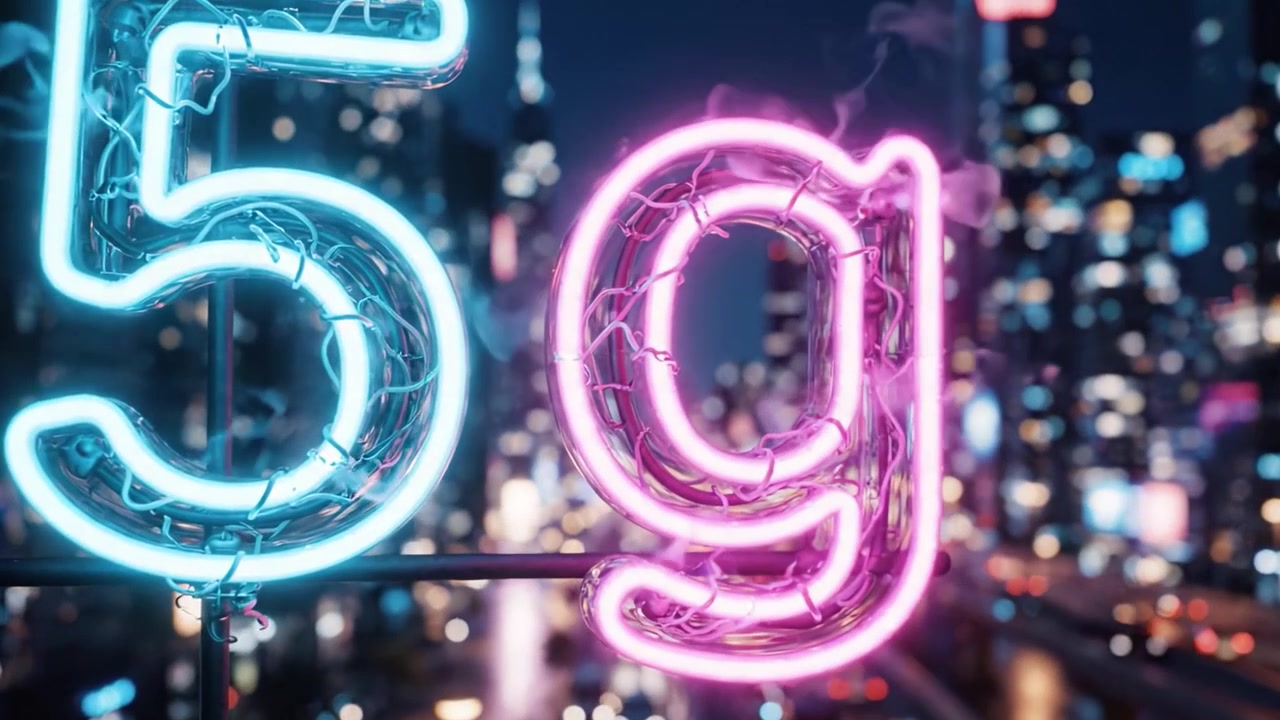 Un paesaggio urbano notturno con un vivace cartello neon 5G tra grattacieli e strade trafficate, che cattura l'energia e la modernità della vita urbana in un ambiente dinamico.