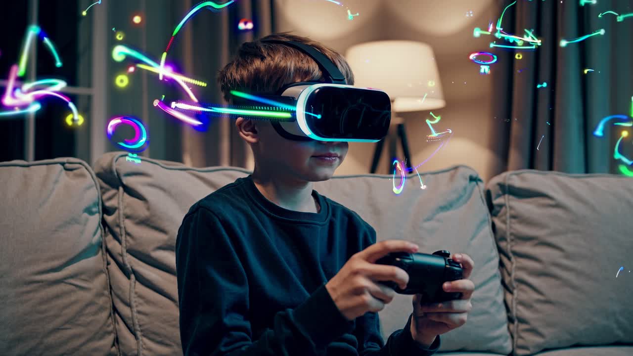 Giovane ragazzo che gioca a un videogioco in realtà virtuale con un controller sul divano