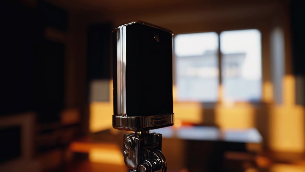 Microfono a condensatore da studio montato su un supporto antivibrazione in metallo lucido, che risplende con una calda luce di contorno e riflessi nitidi, catturato in una composizione ravvicinata all'altezza degli occhi con inquadratura verticale e luce soffusa.