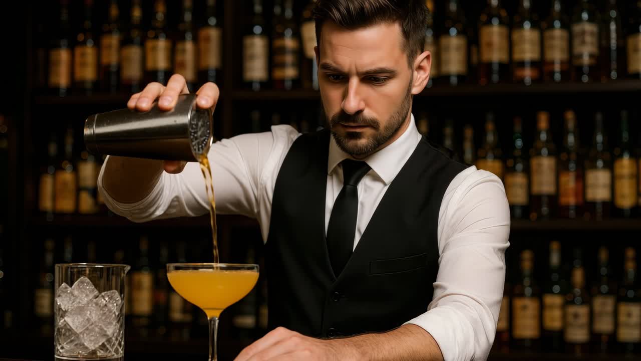 Barkeeper gießt Cocktail aus Shaker in Glas in einer schwach beleuchteten Bar