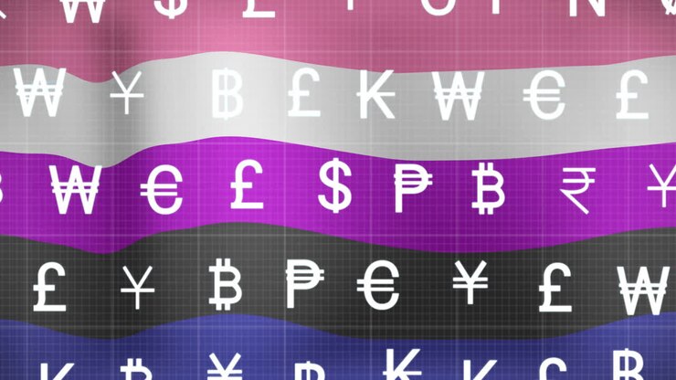 Animazione di simboli di valuta su sfondo sfumato di rosa, bianco, viola e nero.