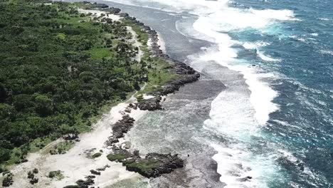 Ocean-waves-on-rocky-shoreline-with-green-inland