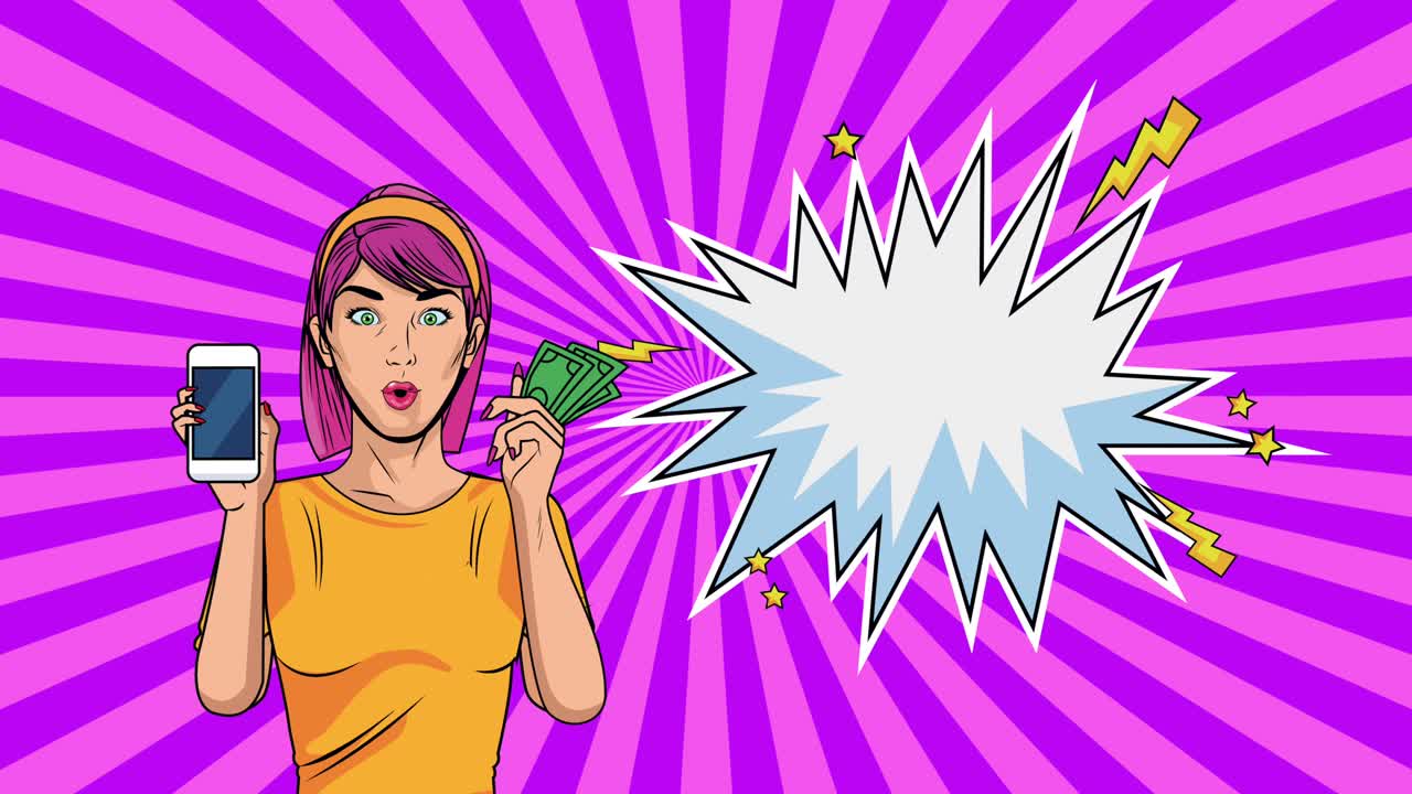 mujer hermosa con billetes de dólar y teléfono inteligente estilo pop art