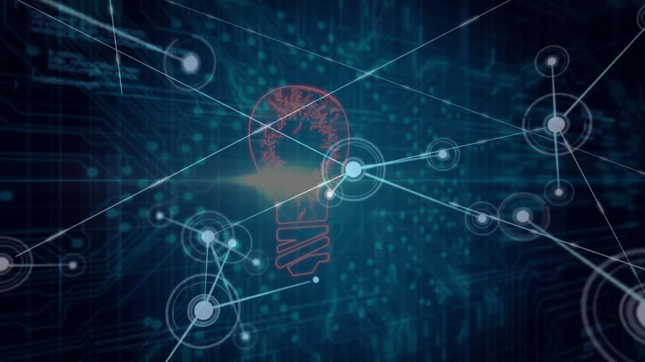 Central node being animated on blue digital grid, connecting glowing circles and red bulb outline