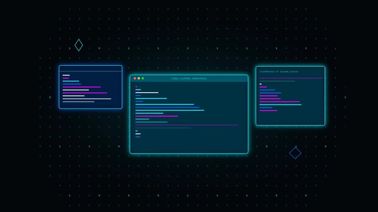 Digital Interface with Floating Software Windows and Code