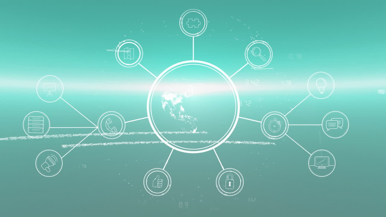 빛나는 초록색 배경에 연결 네트워크 데이터 처리와 함께 회전하는 지구의 애니메이션