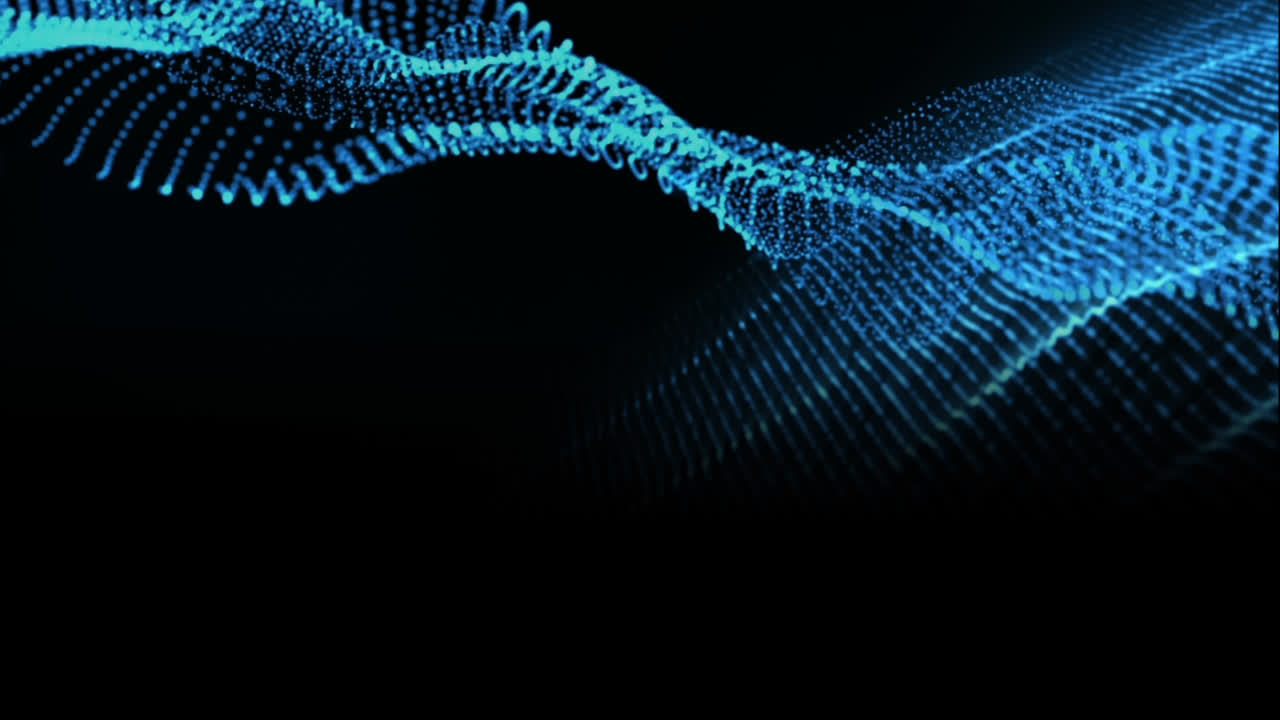 Animation of blue dots and waves moving on black background