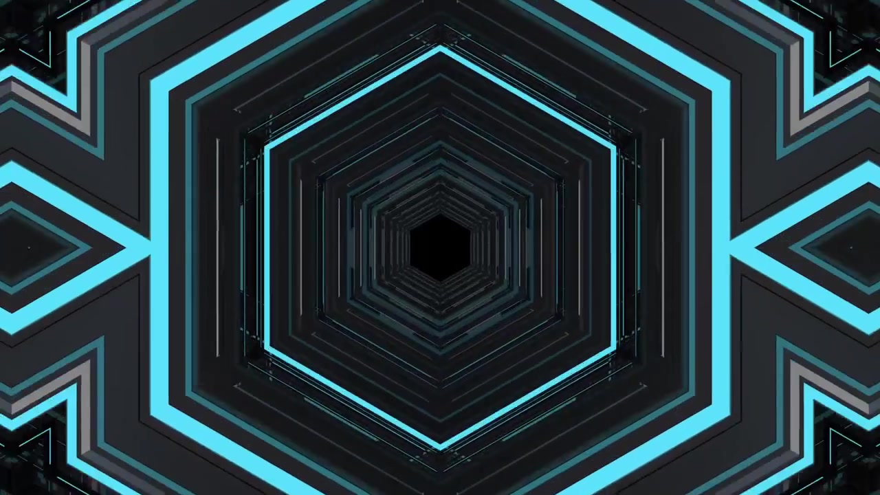 Abstract Hexagonal Tunnel with Glowing Blue Neon Lights