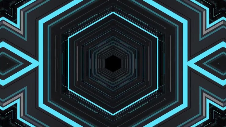 Abstract Hexagonal Tunnel with Glowing Blue Neon Lights