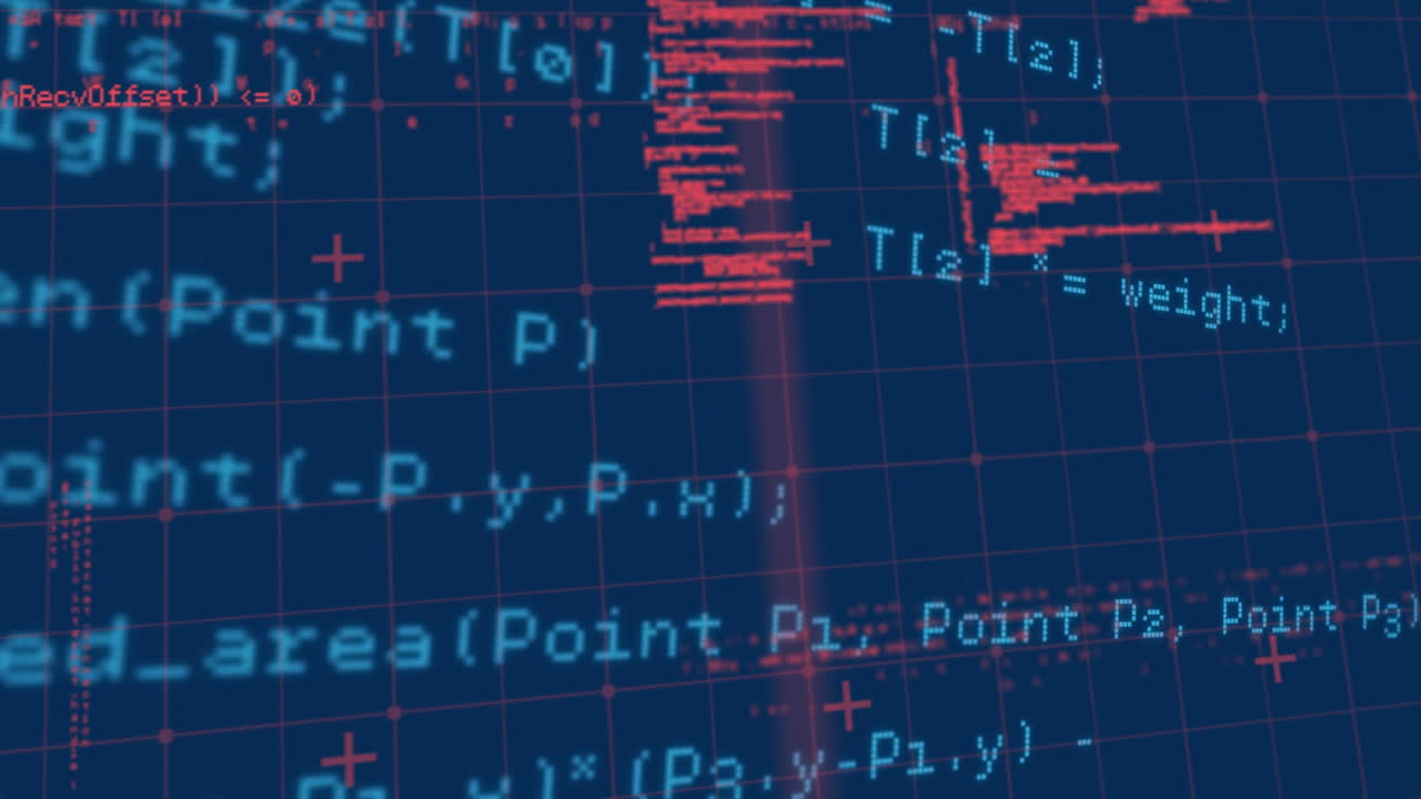 파란색 배경에 있는 그리드 위의 데이터 처리 애니메이션