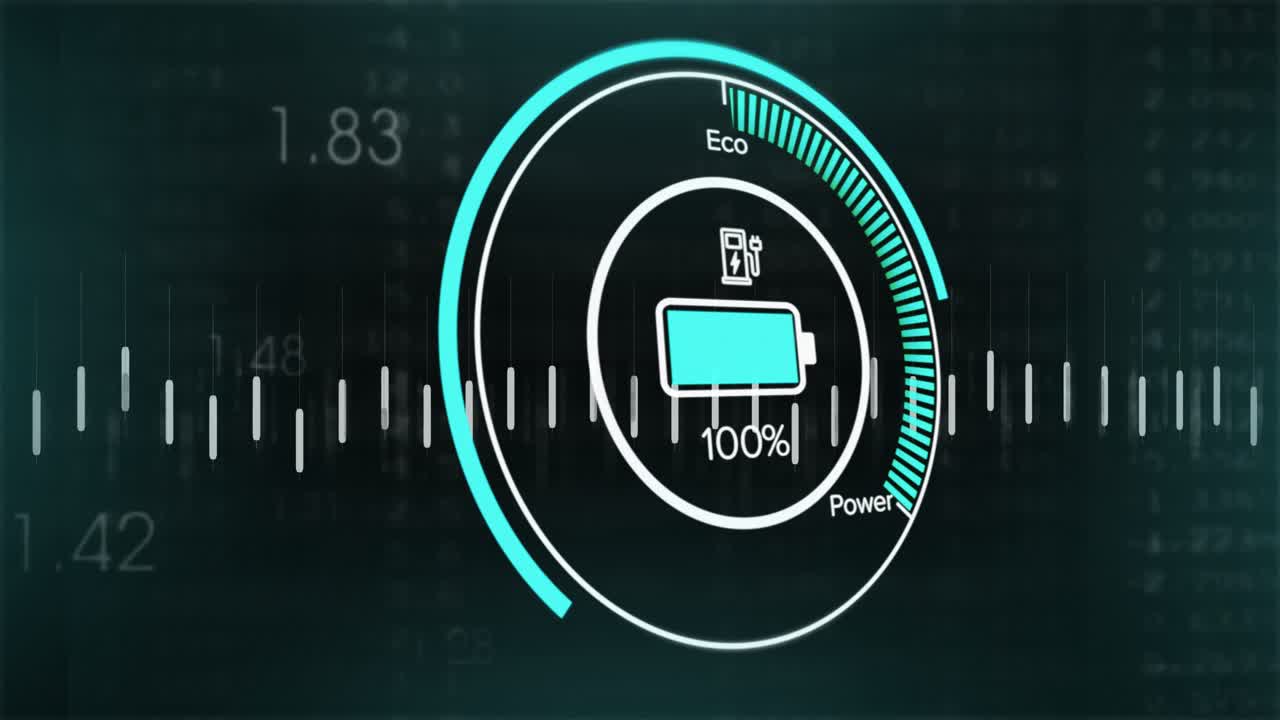 HUD baterai melingkar mengisi daya dan mengosongkan daya setelah ikon colokan memicu pengisian, menampilkan data pengisian daya.