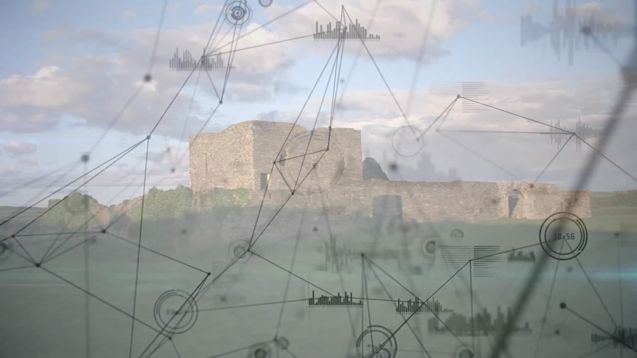 Network connections and data processing animation over ancient ruins in landscape