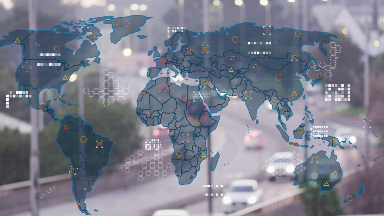 세계 지도의 애니메이션과 도시 교통의 공중 전망