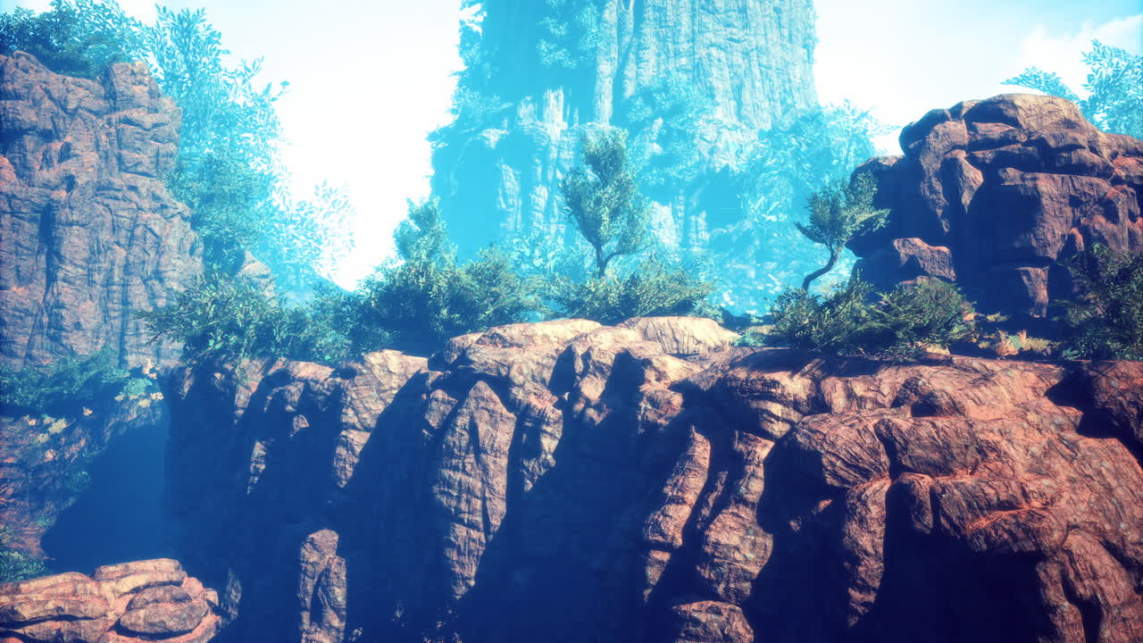 Rocky landscape with vibrant vegetation and soft lighting during the day