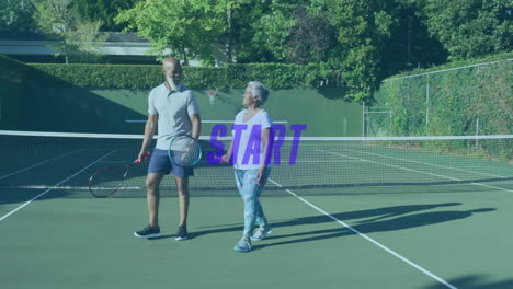 mature man and senior woman walking on tennis court, showcasing start overlay for health marketing