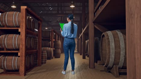 full body back view of an asian female professional worker standing with green screen tablet in cellar of winery, industrial facility