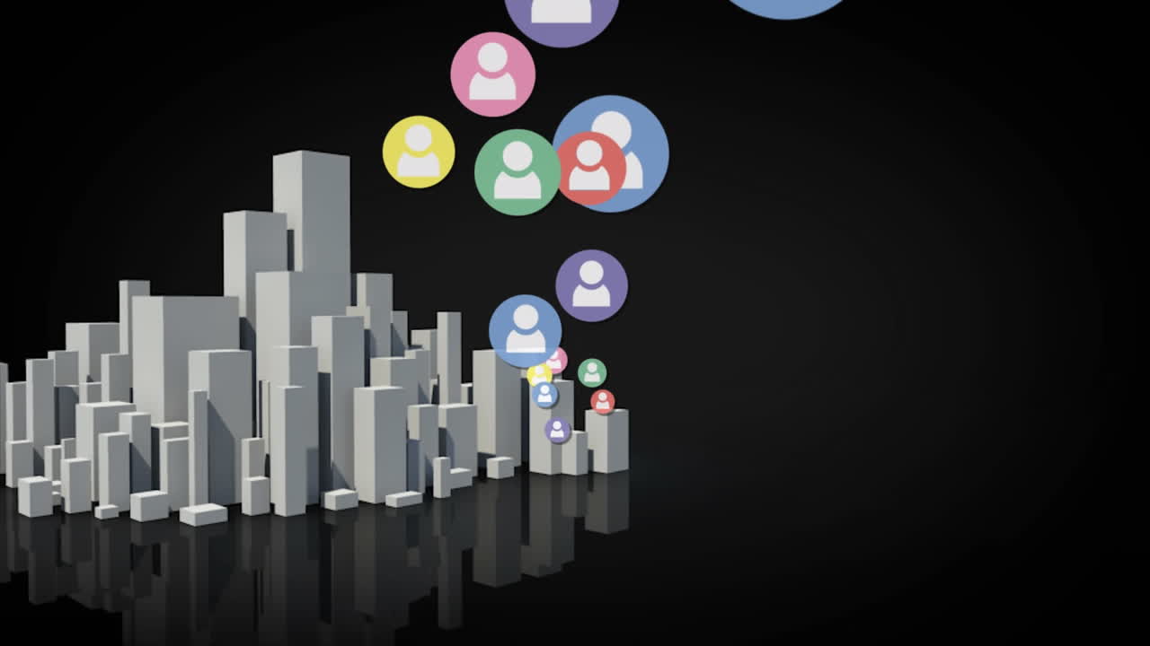 Multiple colorful profile icons floating over 3d city model spinning against black background