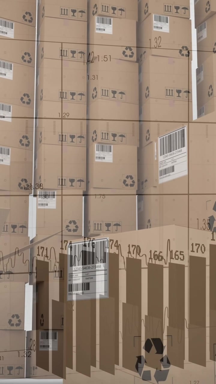 Animation of statistics processing over cardboard boxes on white background