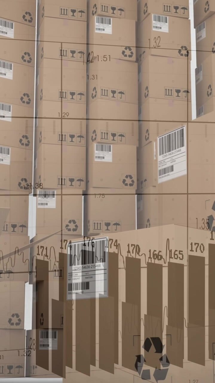 Animation of statistics processing over cardboard boxes on white background